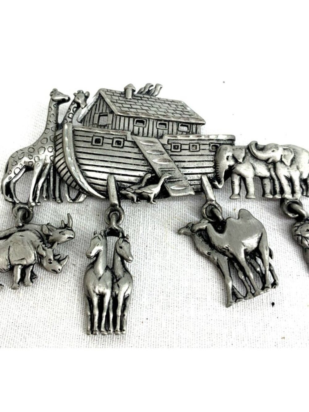 JJ JONETTE Pewter Noah's Ark Dangling Animal Charms Brooch Lapel Pin 2.75" - Picture 2 of 6